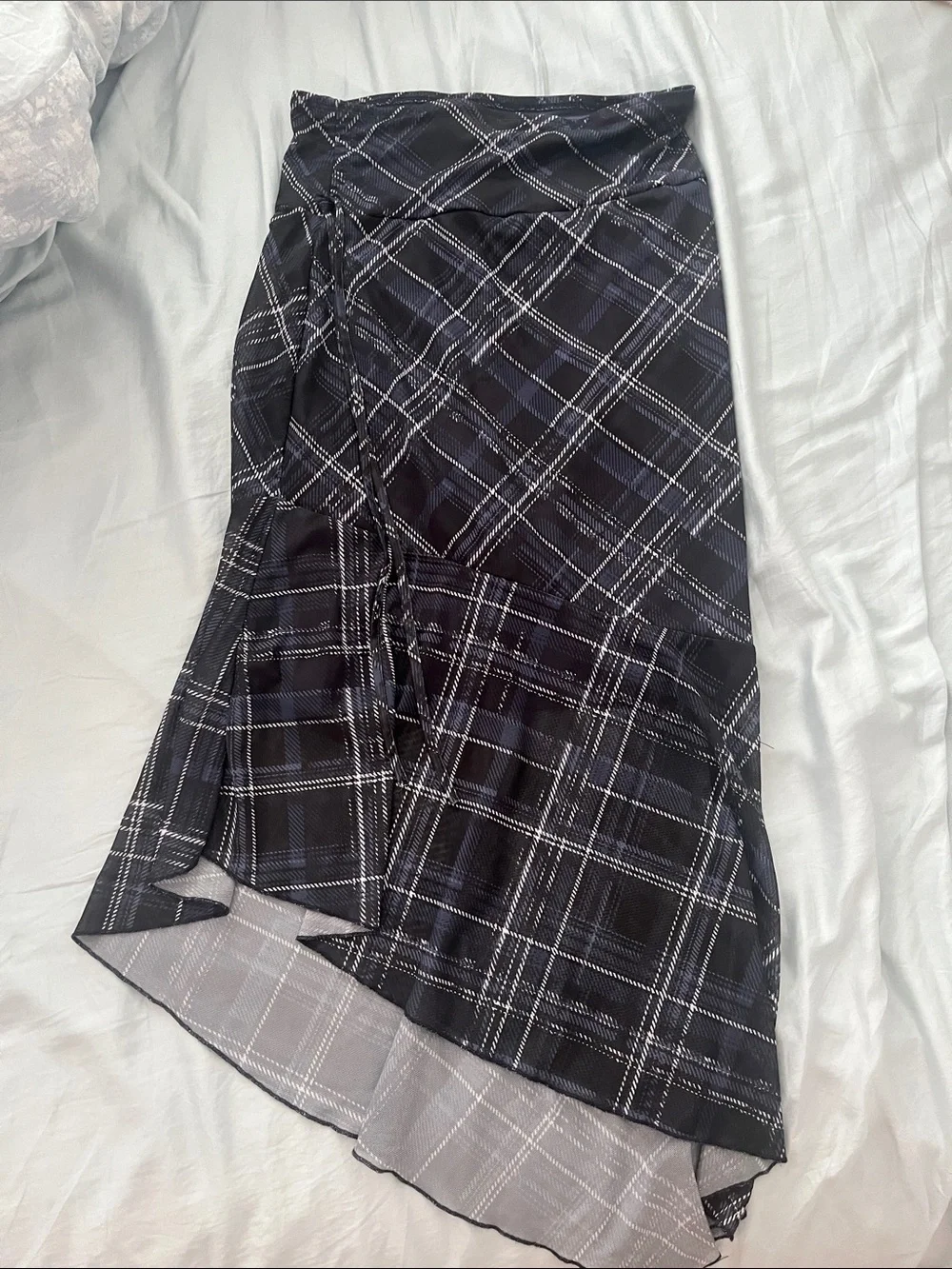 Plaid Asymmetrical Midi Skirt - navy blue